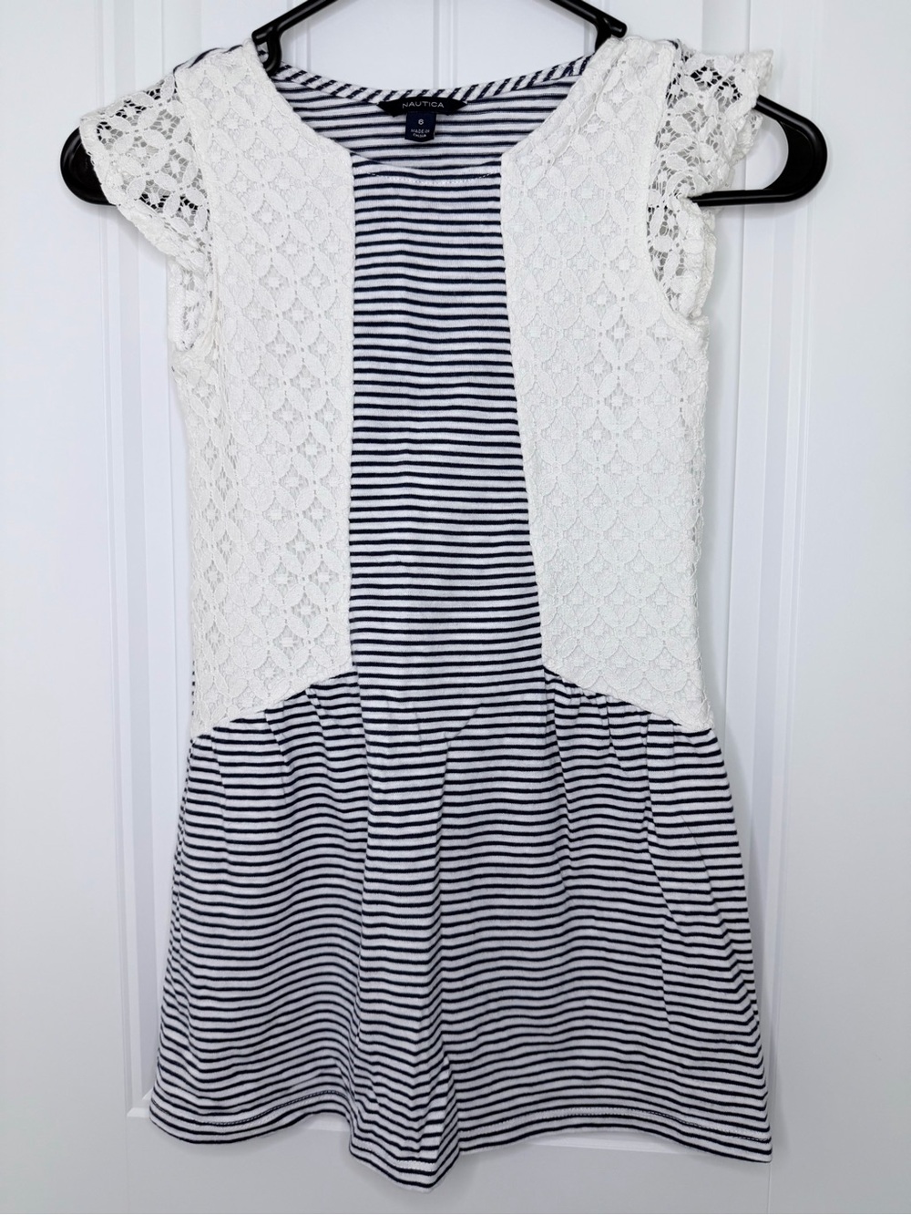Girls Nautica Blue White Stripes Lace Short Sleeves Dress Casual Sz 6